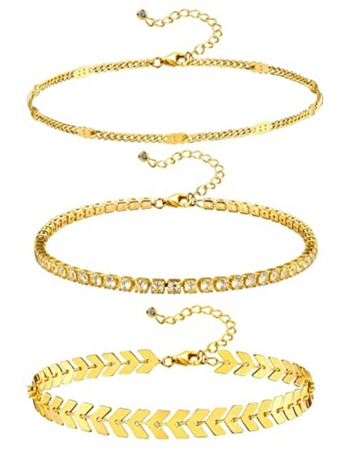 YMQAHWY Gold Ankle Bracelets for Women 18K Gold Plated Anklets for Women 3Pcs Gold Tennis Leaf Flat Chain Anklets Dainty Adjustable Layered Anklets Summer Beach Anklets J