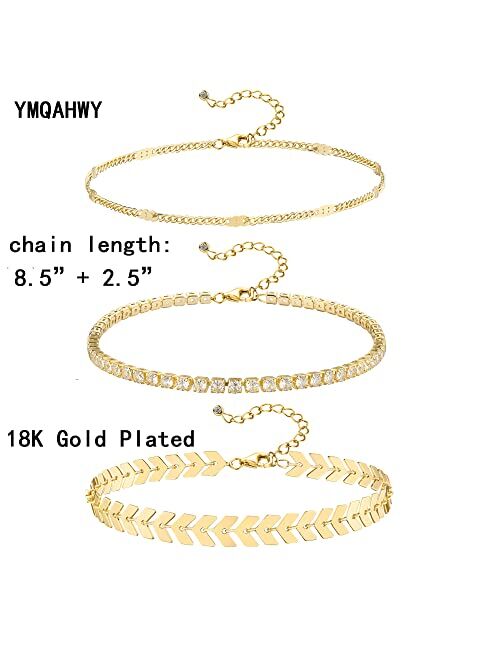 YMQAHWY Gold Ankle Bracelets for Women 18K Gold Plated Anklets for Women 3Pcs Gold Tennis Leaf Flat Chain Anklets Dainty Adjustable Layered Anklets Summer Beach Anklets J