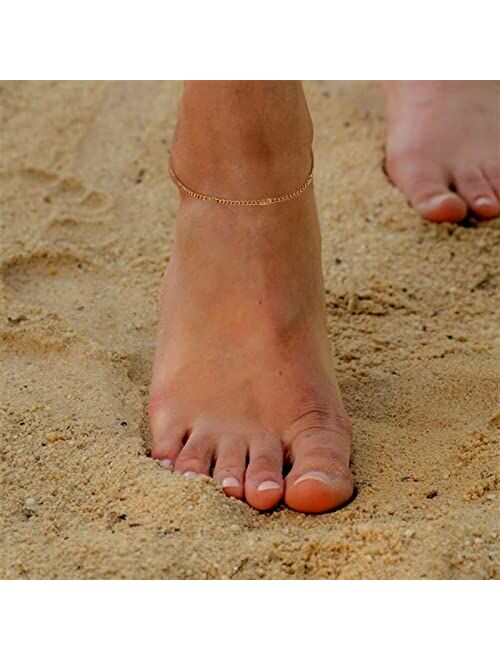 YMQAHWY Gold Ankle Bracelets for Women 18K Gold Plated Anklets for Women 3Pcs Gold Tennis Leaf Flat Chain Anklets Dainty Adjustable Layered Anklets Summer Beach Anklets J
