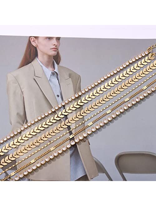 YMQAHWY Gold Ankle Bracelets for Women 18K Gold Plated Anklets for Women 3Pcs Gold Tennis Leaf Flat Chain Anklets Dainty Adjustable Layered Anklets Summer Beach Anklets J