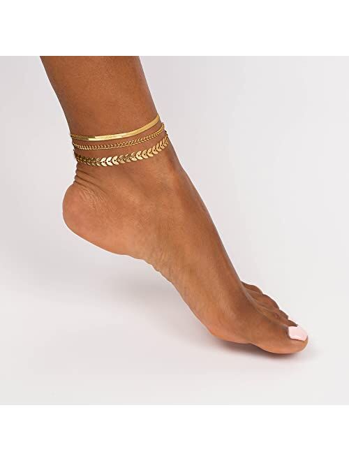 Tewiky Ankle Bracelets for Women, 14k Gold Anklets Layered Gold Herringbone Figaro Tennis Cuban Link Anklet for Women Boho 3PCS Gold Anklet Set Summer Beach Foot Jewelry 
