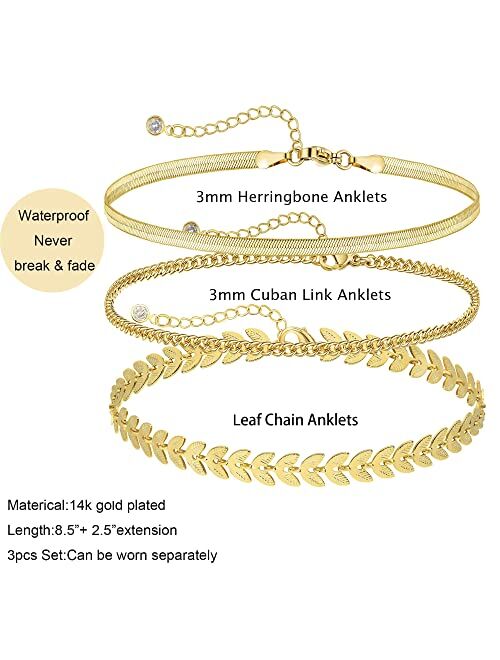 Tewiky Ankle Bracelets for Women, 14k Gold Anklets Layered Gold Herringbone Figaro Tennis Cuban Link Anklet for Women Boho 3PCS Gold Anklet Set Summer Beach Foot Jewelry 