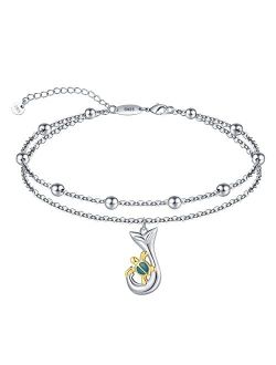 LINGBG JEWELRY Layered Sea Turtle Anklet for Women - Dangling Sterling Silver Turtle Pendant Ankle Bracelets - Adjustable Summer Beach Ankle Jewelry Gifts for Girls