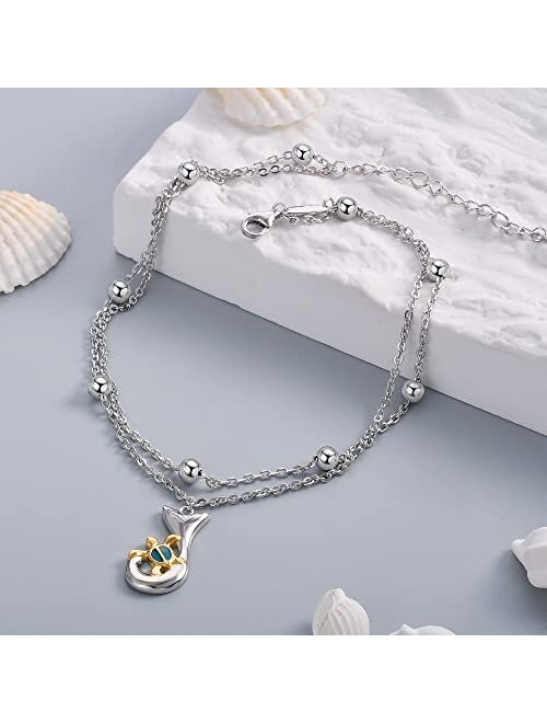 LINGBG JEWELRY Layered Sea Turtle Anklet for Women - Dangling Sterling Silver Turtle Pendant Ankle Bracelets - Adjustable Summer Beach Ankle Jewelry Gifts for Girls