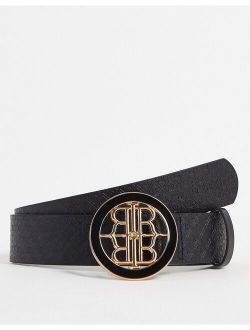 enamel branded buckle belt in black