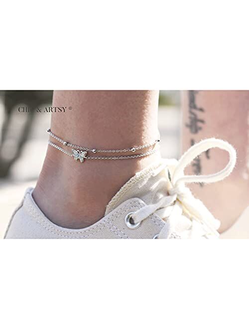Chic & Artsy Womens Anklet 925 Sterling Silver Created Opal Layered Anklet Bracelet Dainty Beaded Chain Anklet Adjustable 11" Best Friend Anklet for Women