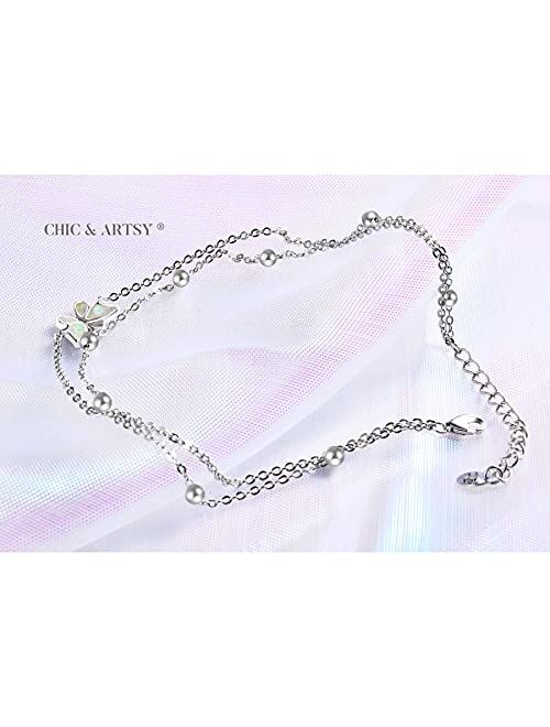 Chic & Artsy Womens Anklet 925 Sterling Silver Created Opal Layered Anklet Bracelet Dainty Beaded Chain Anklet Adjustable 11" Best Friend Anklet for Women
