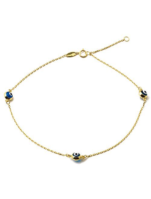 LoveBling 10K Yellow Gold .5mm Rolo Chain with Evil Eye Charms Anklet Adjustable 9" to 10" (#45)