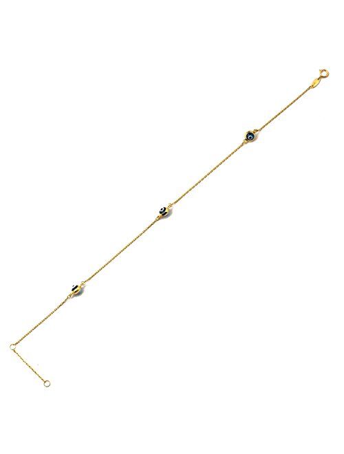 LoveBling 10K Yellow Gold .5mm Rolo Chain with Evil Eye Charms Anklet Adjustable 9" to 10" (#45)