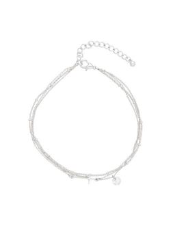 Silver Tone Three-Row Chain & Cross Anklet
