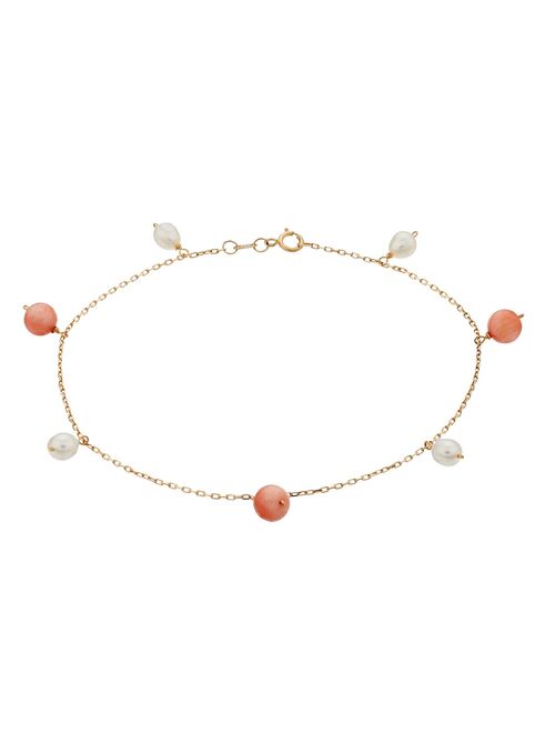 Jewelmak 14k Gold Freshwater Cultured Pearl & Coral Anklet