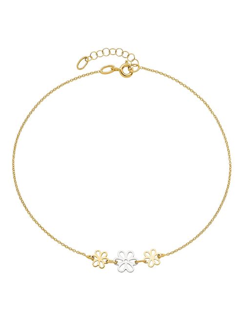 14k Gold Two-Tone Three Flower Anklet