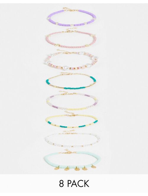 ASOS DESIGN 8-pack anklets in mixed beaded designs