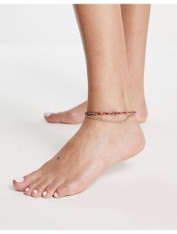 multirow anklet with twisted thread and fine chain in gold tone