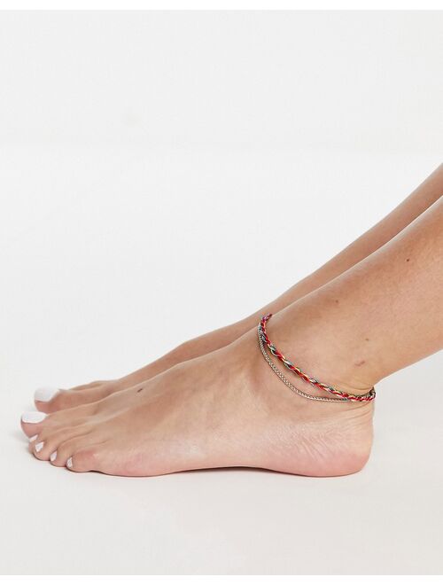 ASOS DESIGN multirow anklet with twisted thread and fine chain in gold tone