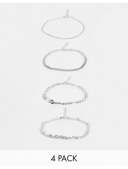 pack of 4 anklets in mixed chains in silver tone