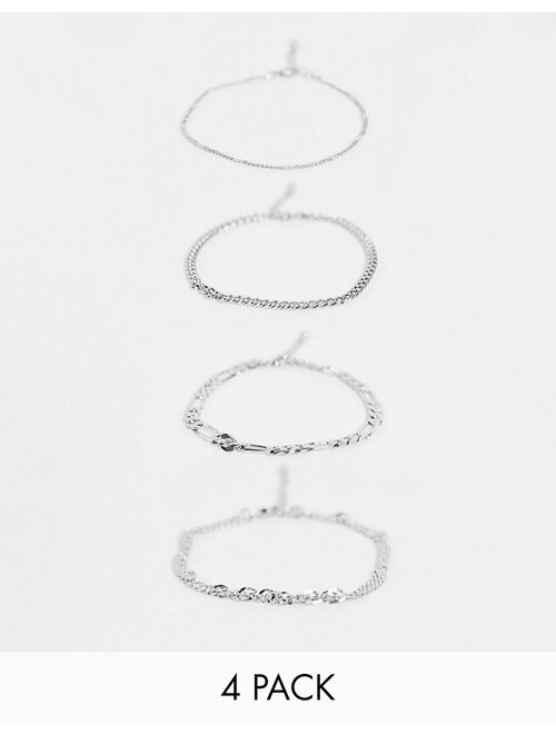 ASOS DESIGN pack of 4 anklets in mixed chains in silver tone