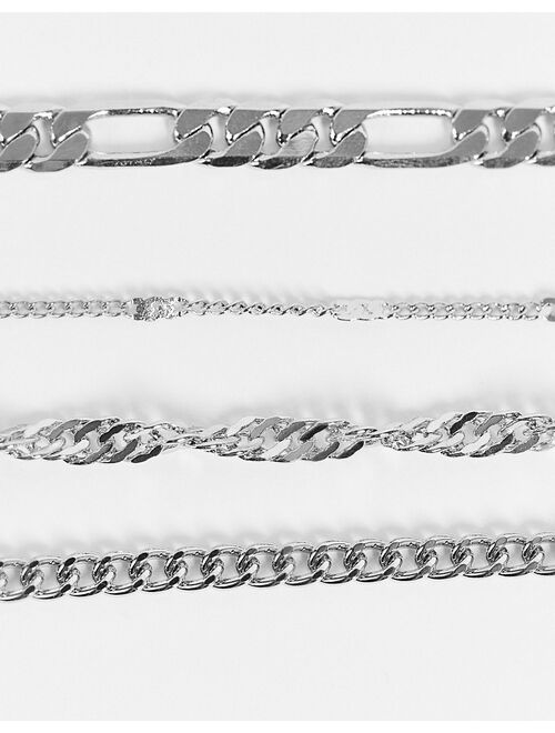 ASOS DESIGN pack of 4 anklets in mixed chains in silver tone