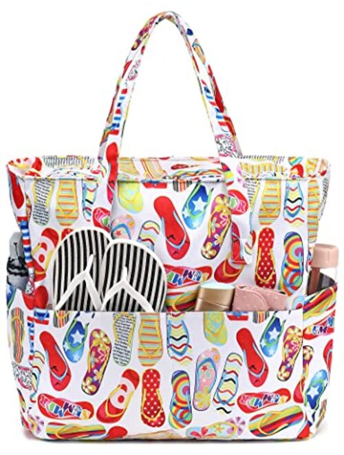 Camtop Large Beach Tote Bag with Zipper Pockets Waterproof Sandproof Pool Bags Gym Bag with Wet Compartment Travel Carry On Women