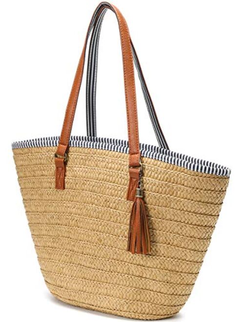 Caissip Straw Beach Bags Tote Tassels Bag Hobo Summer Handwoven Shoulder Bags Purse With Pom Poms