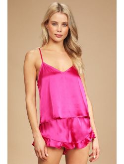 Sweetest Dreams Hot Pink Satin Ruffled Two-Piece Pajama Set