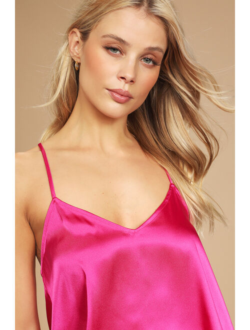 Lulus Sweetest Dreams Hot Pink Satin Ruffled Two-Piece Pajama Set