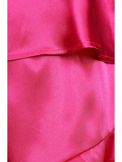 Lulus Sweetest Dreams Hot Pink Satin Ruffled Two-Piece Pajama Set