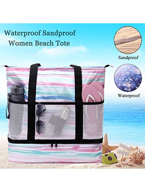 Octsky Beach Bag with Cooler Zipper Pool bag Women Waterproof Sandproof Beach Tote Bags Top Large Beach Tote