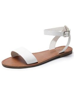 SANDALUP Women’s Soft Faux Leather Open Toe and Ankle Strap Buckle Flat Sandals