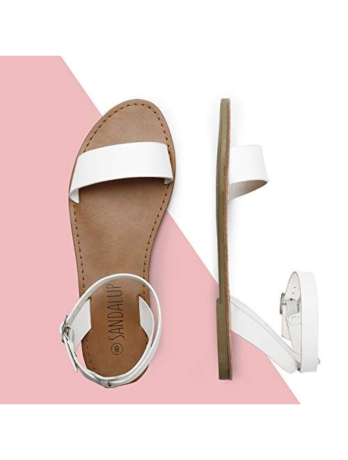SANDALUP Women’s Soft Faux Leather Open Toe and Ankle Strap Buckle Flat Sandals
