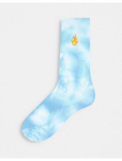 blue tie dye sports sock with flame embroidery