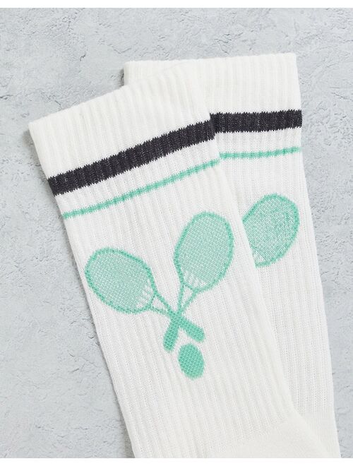 ASOS DESIGN sport socks in cream with Tennis print