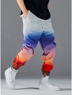 Men Building Print Ombre Drawstring Waist Pants