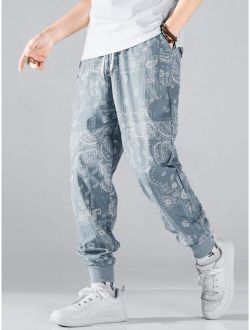 Men Random Floral Paisley Print Drawstring Pants