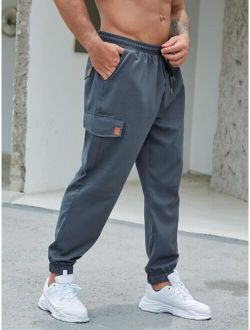 Extended Sizes Men Patched Detail Flap Pocket Drawstring Waist Cargo Pants