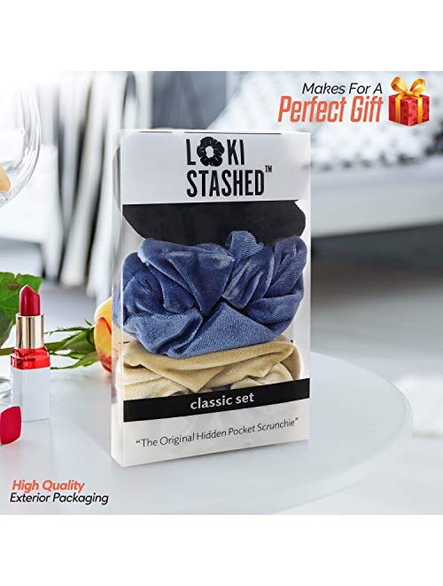 LokiStashed 3-PACK Velvet Hair Tie Scrunchies for VSCO Girls & Women, THE ORIGINAL HIDDEN POCKET SCRUNCHIE with Zipper Pocket Storage, Accessories, Small Items, Keys, Mon