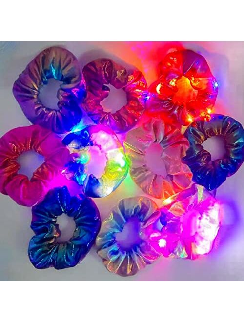 Crmelassy LED Hair Scrunchies for Women Girls with Zipper Pocket |10PCS| LED Glow Hair Bands, Luminous Light up Elastic Hair Ties with 3 Colors Light Modes, Rave Accessor