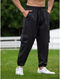 Extended Sizes Men Flap Pocket Side Drawstring Waist Cargo Pants