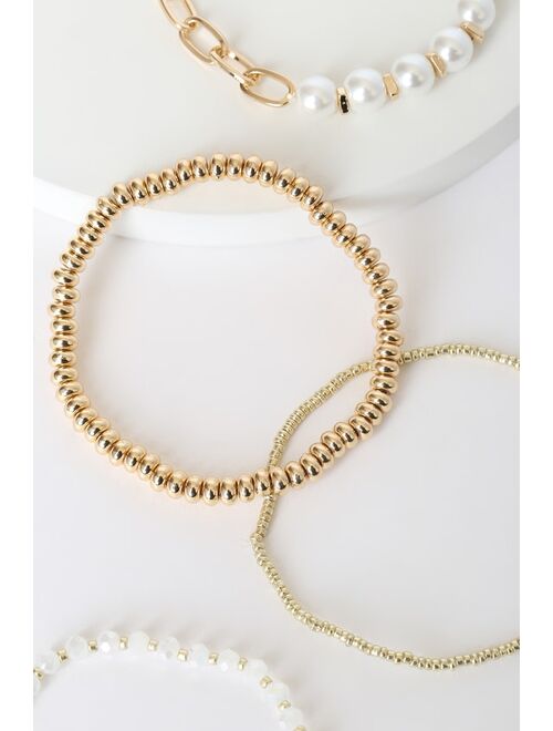 Lulus Stacked Up Style Gold Pearl Bracelet Set