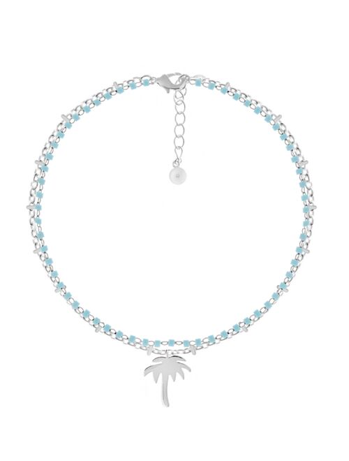 AND NOW THIS Double Row Turquoise Glass Palm Tree Anklet in Silver Plate