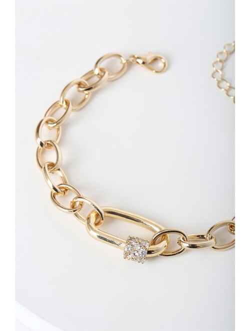 Lulus No Chain No Gain Gold Rhinestone Chain Link Bracelet