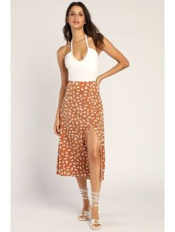 Getting Glam Peach Print Slit Midi Skirt