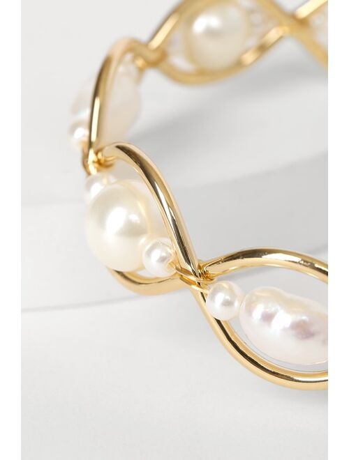 Lulus Treasured Endlessly 14KT Gold Pearl Cuff Bracelet