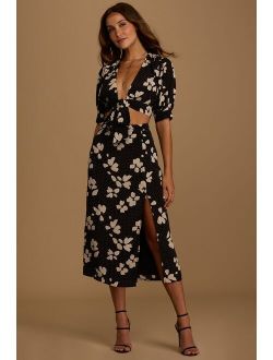 You're My Reason Black Floral Print High Waisted Midi Skirt