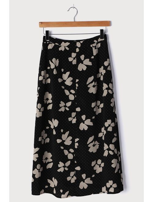 Lulus You're My Reason Black Floral Print High Waisted Midi Skirt
