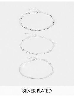 pack of 3 silver plated fine bracelets in mixed chain in silver tone