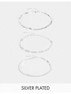 pack of 3 silver plated fine bracelets in mixed chain in silver tone
