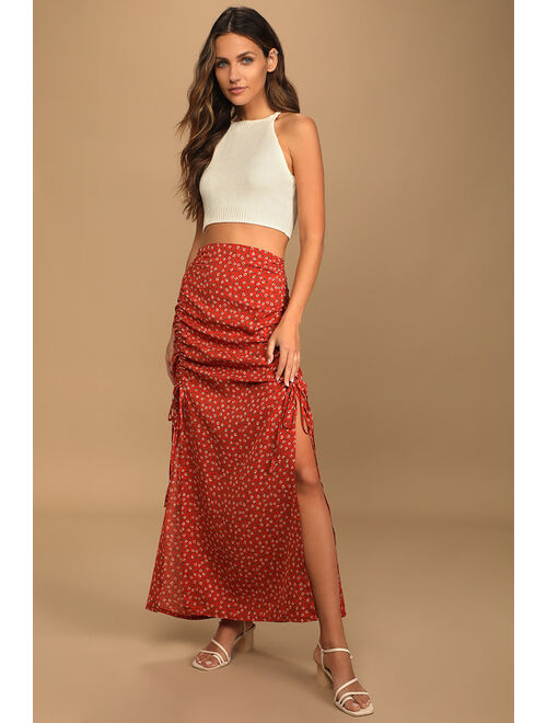 Lulus Absolutely Serene Rust Red Floral Print Ruched Midi Skirt