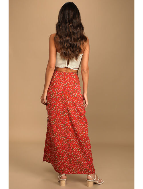 Lulus Absolutely Serene Rust Red Floral Print Ruched Midi Skirt