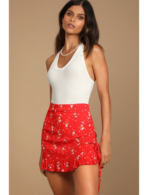 Lulus Trendy Days Red Floral Print Ruched Mini Skirt